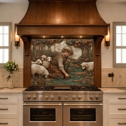 Shephard and Sheep Copper Backsplash, Tempered Glass Stove Backsplash