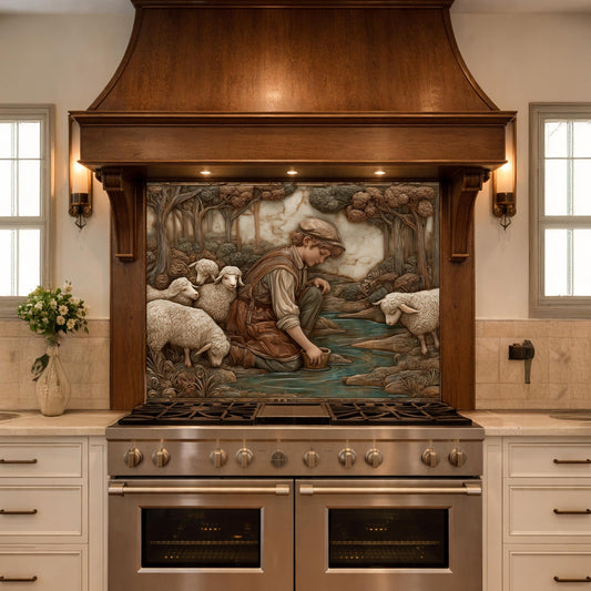 Shephard and Sheep Copper Backsplash, Tempered Glass Stove Backsplash