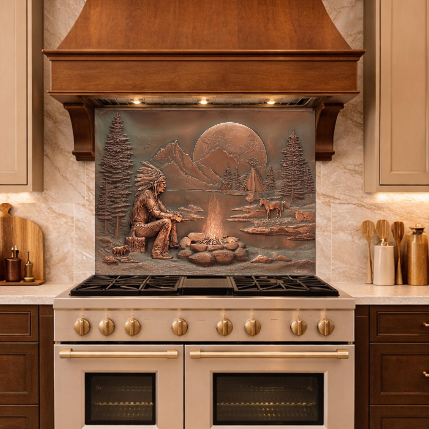 Native American Chief and Teepee Tempered Glass Backsplash, Copper Relief Look Wall Panel