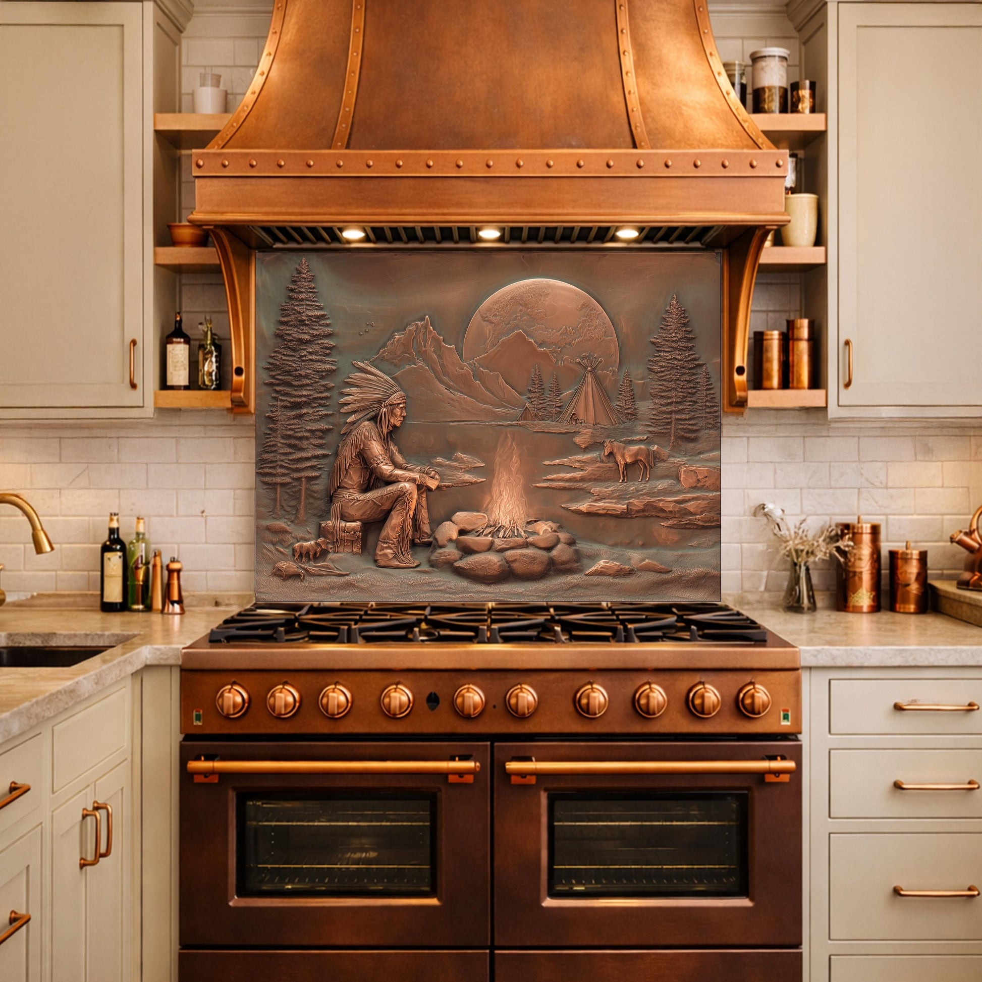 Native American Chief and Teepee Tempered Glass Backsplash, Copper Relief Look Wall Panel