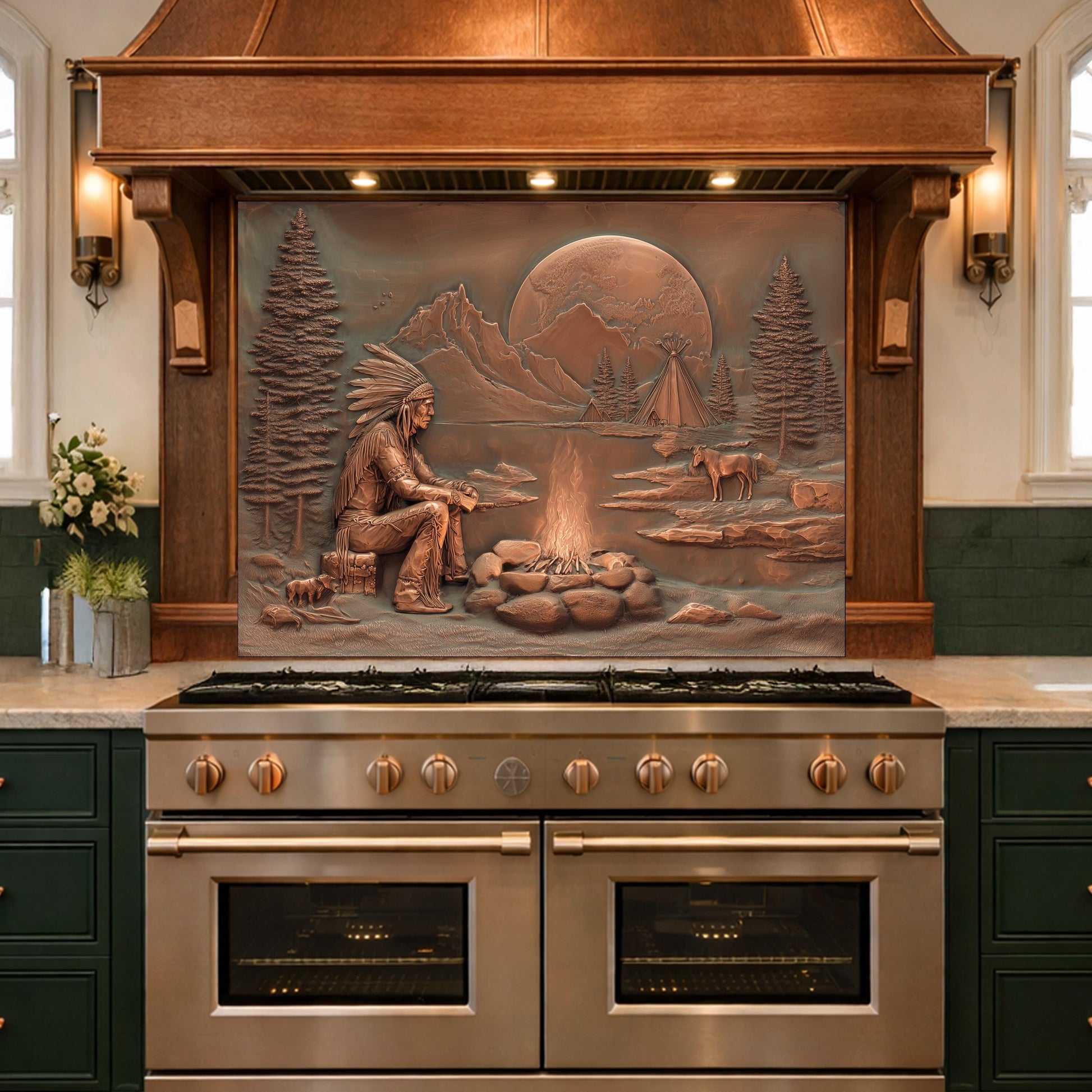 Native American Chief and Teepee Tempered Glass Backsplash, Copper Relief Look Wall Panel