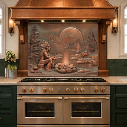 Native American Chief and Teepee Tempered Glass Backsplash, Copper Relief Look Wall Panel