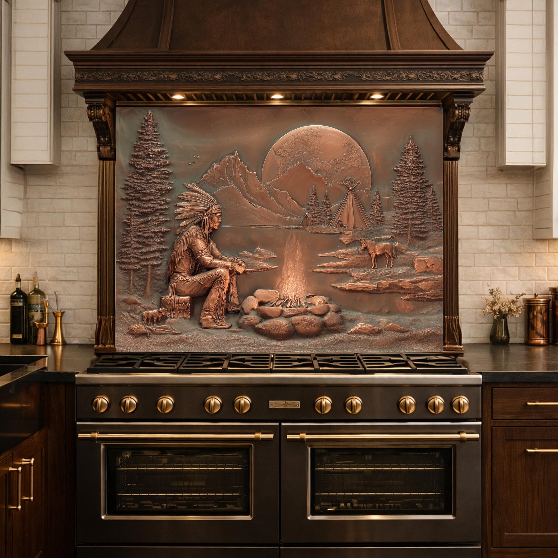 Native American Chief and Teepee Tempered Glass Backsplash, Copper Relief Look Wall Panel