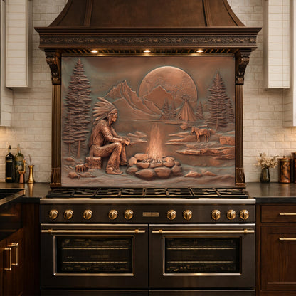 Native American Chief and Teepee Tempered Glass Backsplash, Copper Relief Look Wall Panel