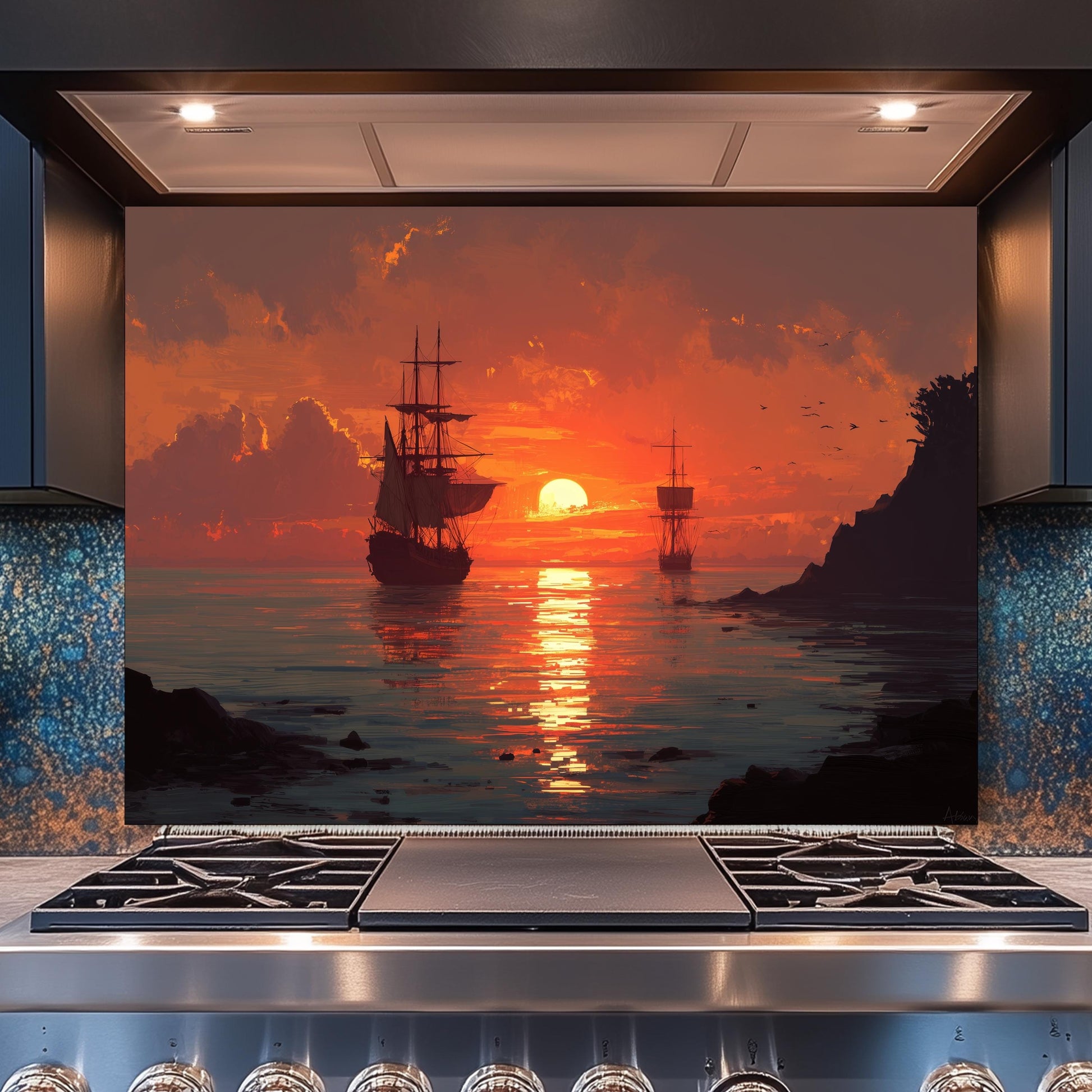 Ocean Sunset and Sailing Ships Tempered Glass Backsplash, Painterly Seascape Wall Panel, Stove Guard