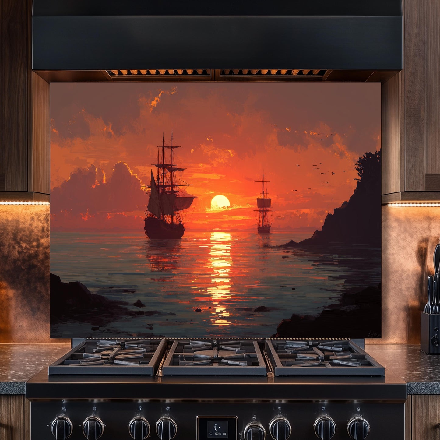 Ocean Sunset and Sailing Ships Tempered Glass Backsplash, Painterly Seascape Wall Panel, Stove Guard