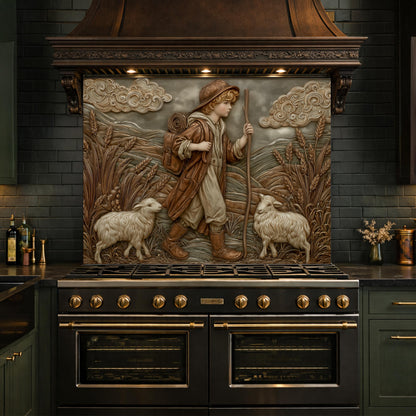 Young Shepherd and Wheat Field Tempered Glass Backsplash, Copper Relief Look Wall Panel