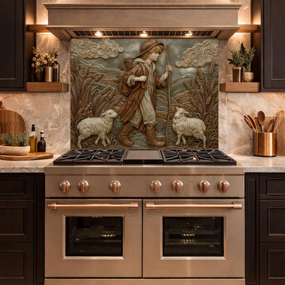 Young Shepherd and Wheat Field Tempered Glass Backsplash, Copper Relief Look Wall Panel