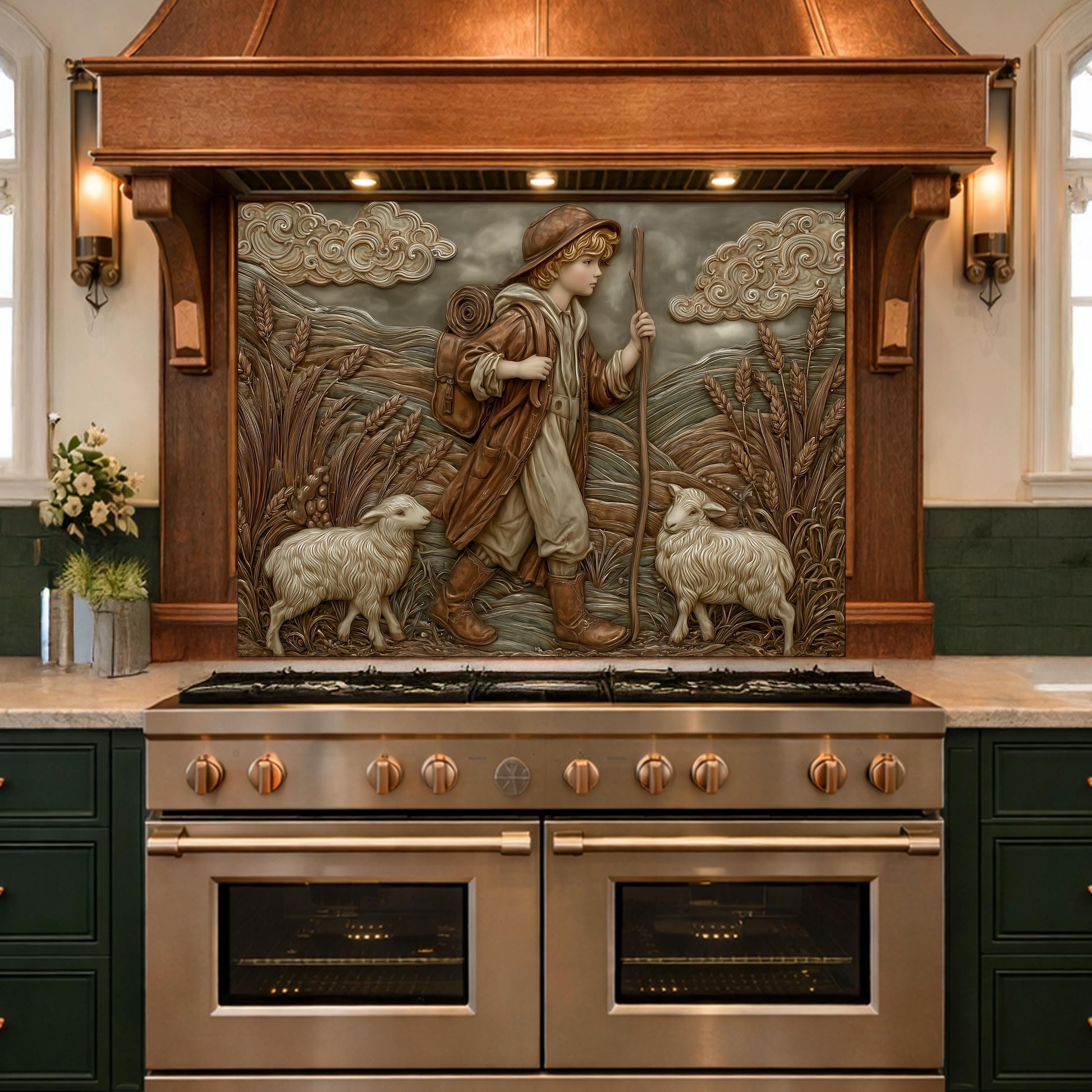 Young Shepherd and Wheat Field Tempered Glass Backsplash, Copper Relief Look Wall Panel
