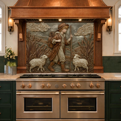 Young Shepherd and Wheat Field Tempered Glass Backsplash, Copper Relief Look Wall Panel