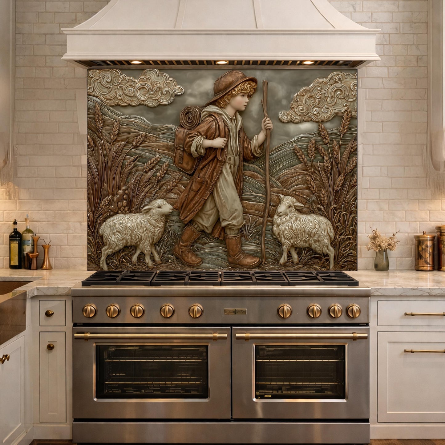 Young Shepherd and Wheat Field Tempered Glass Backsplash, Copper Relief Look Wall Panel