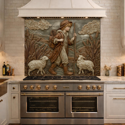 Young Shepherd and Wheat Field Tempered Glass Backsplash, Copper Relief Look Wall Panel