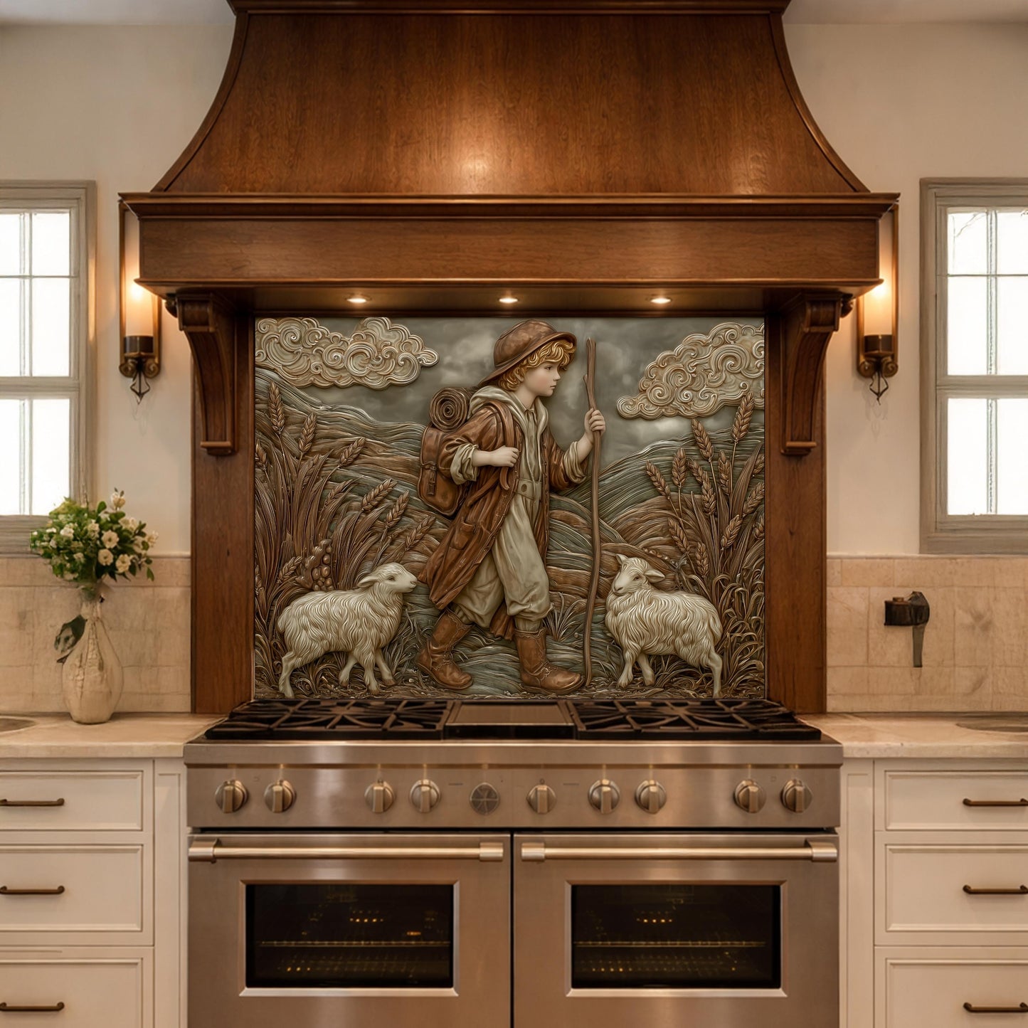 Young Shepherd and Wheat Field Tempered Glass Backsplash, Copper Relief Look Wall Panel