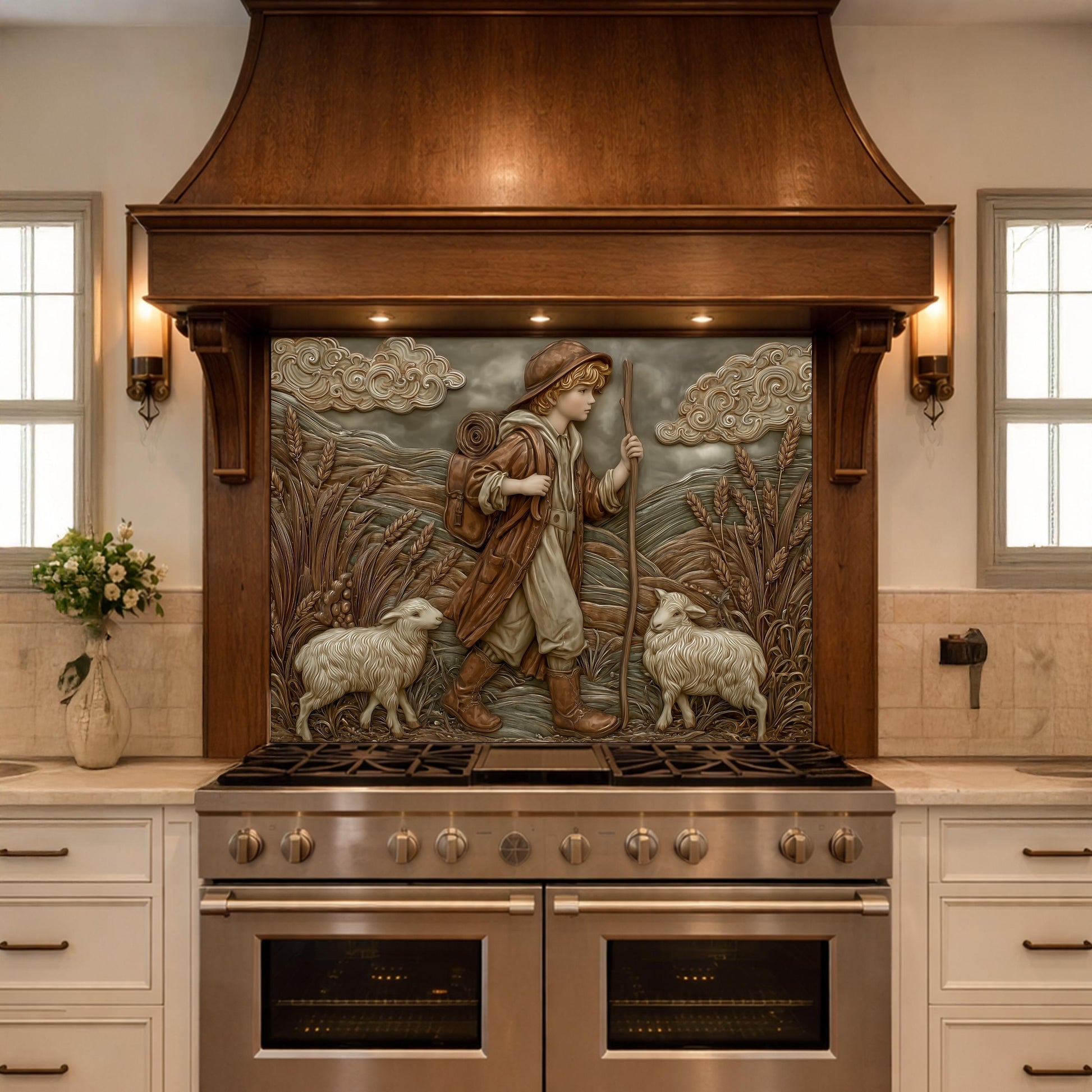 Young Shepherd and Wheat Field Tempered Glass Backsplash, Copper Relief Look Wall Panel