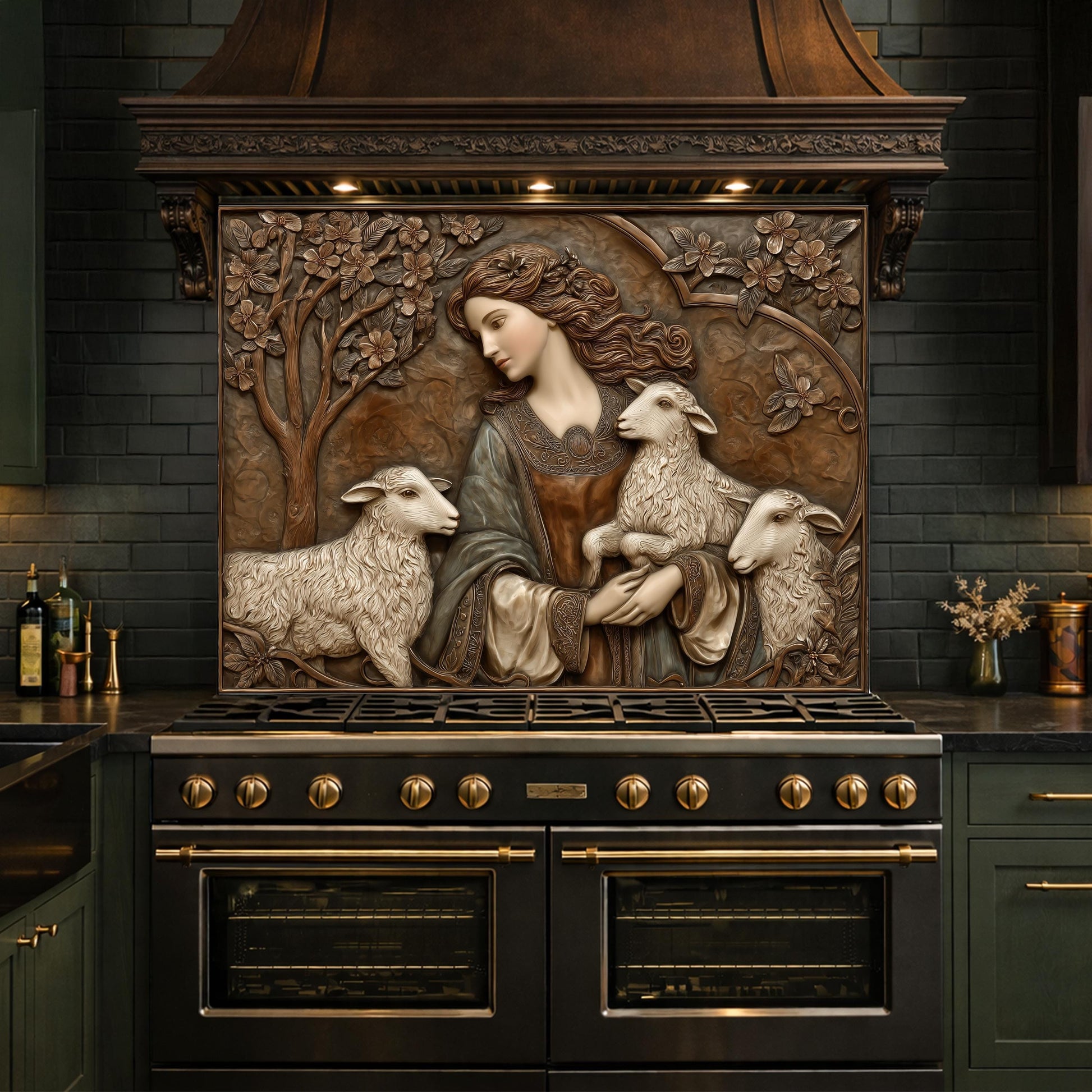 Pastoral Girl with Lambs Tempered Glass Backsplash, Copper Relief Look Wall Panel, Stove Guard