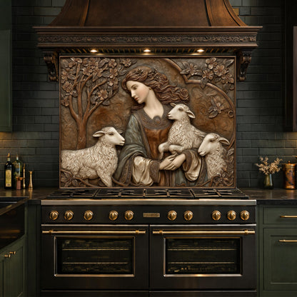 Pastoral Girl with Lambs Tempered Glass Backsplash, Copper Relief Look Wall Panel, Stove Guard