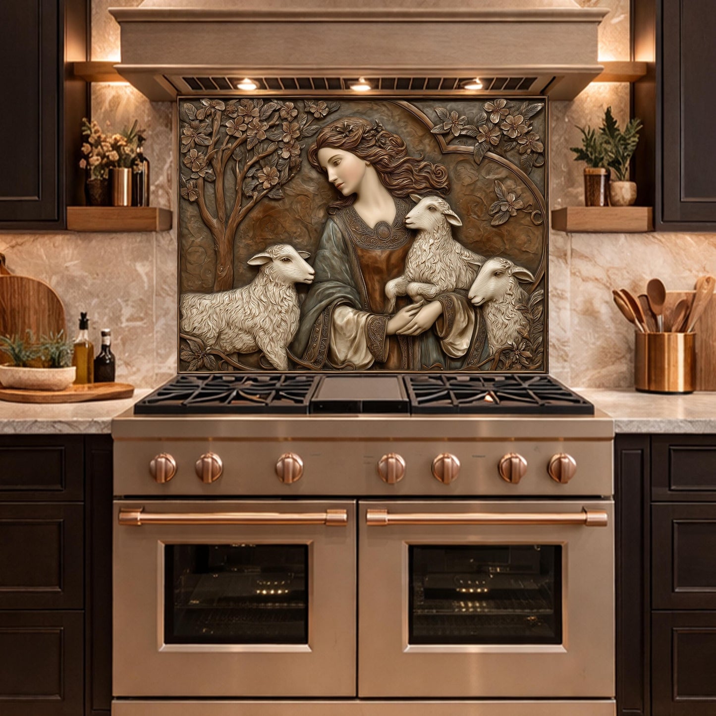 Pastoral Girl with Lambs Tempered Glass Backsplash, Copper Relief Look Wall Panel, Stove Guard