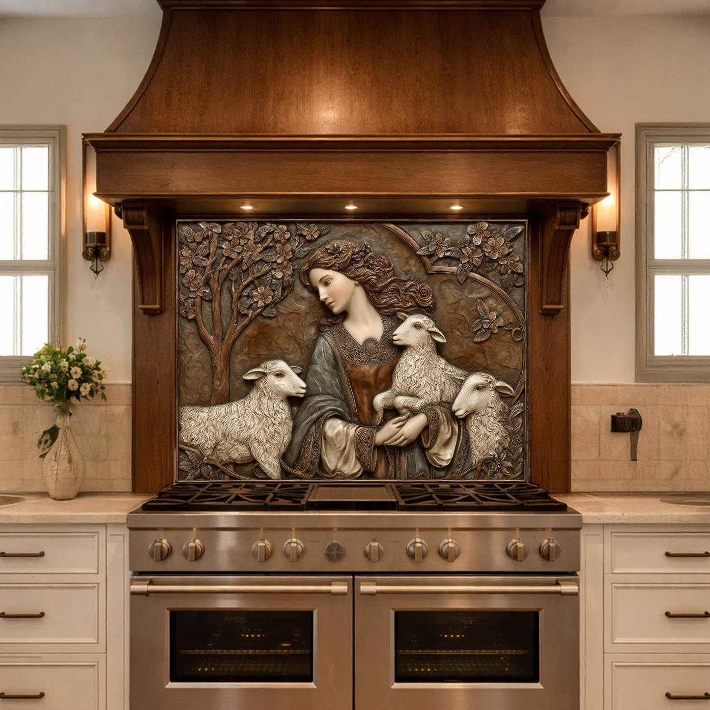 Pastoral Girl with Lambs Tempered Glass Backsplash, Copper Relief Look Wall Panel, Stove Guard