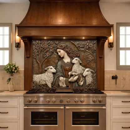 Pastoral Girl with Lambs Tempered Glass Backsplash, Copper Relief Look Wall Panel, Stove Guard