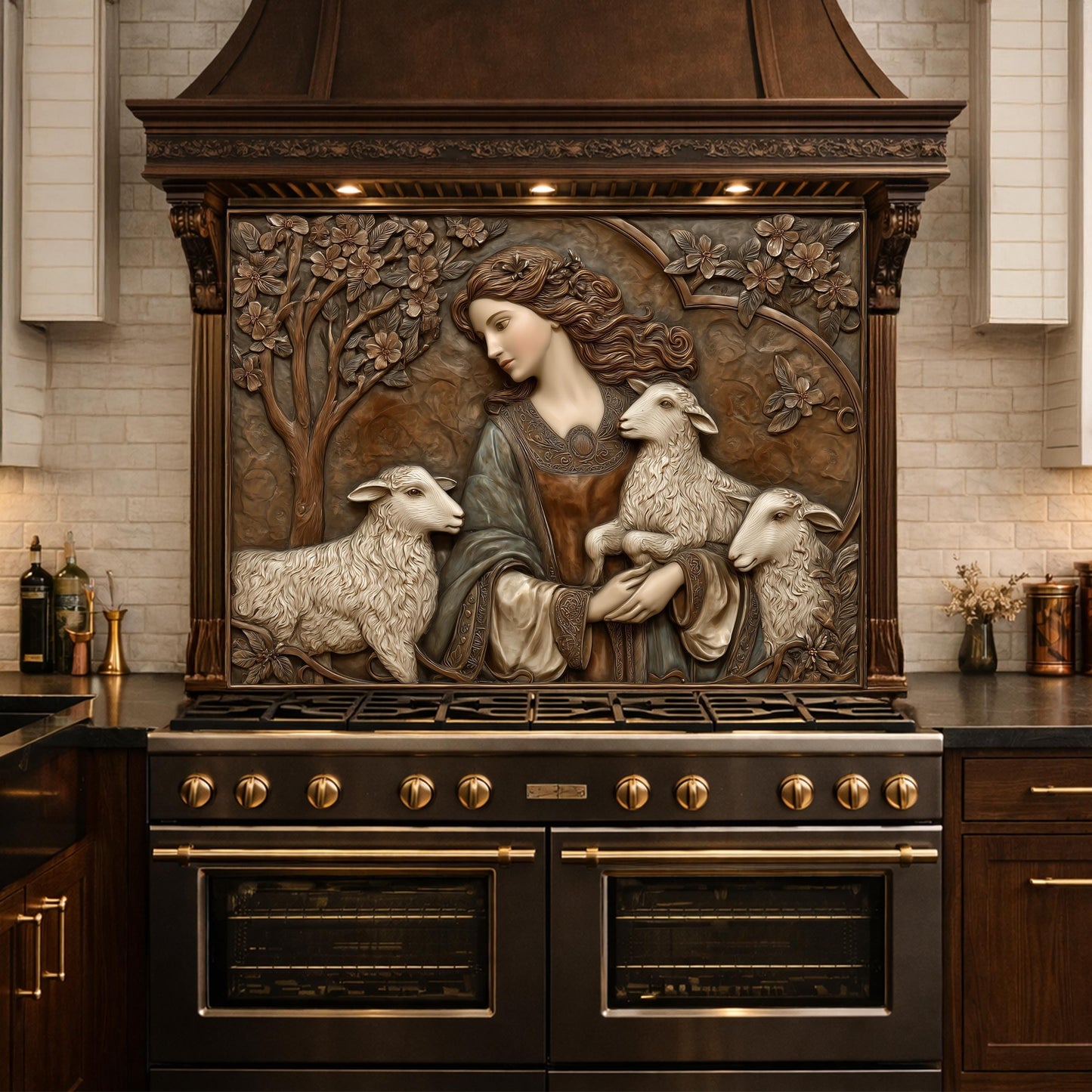 Pastoral Girl with Lambs Tempered Glass Backsplash, Copper Relief Look Wall Panel, Stove Guard