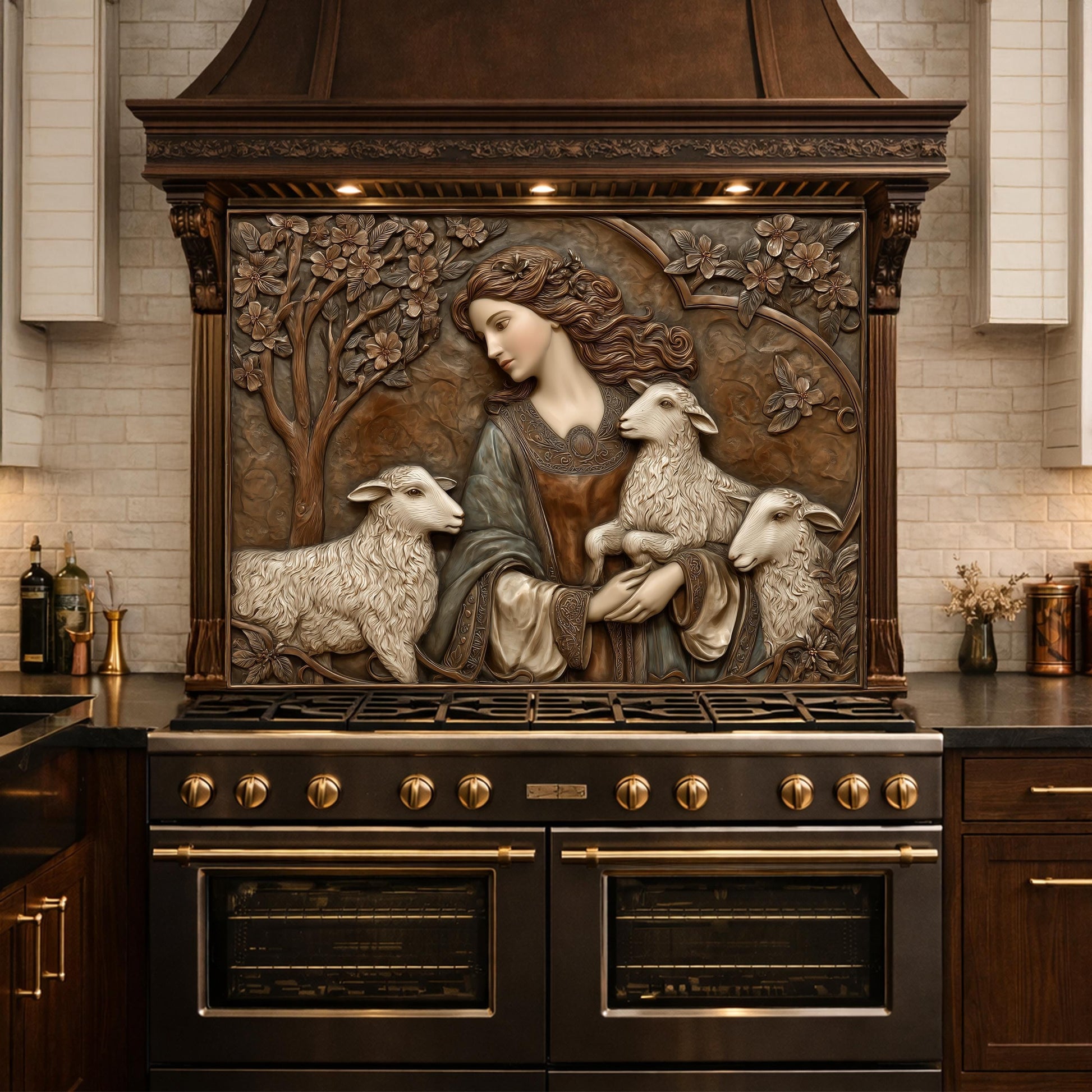 Pastoral Girl with Lambs Tempered Glass Backsplash, Copper Relief Look Wall Panel, Stove Guard
