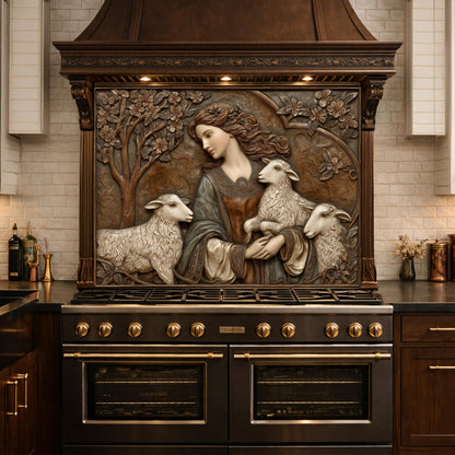 Pastoral Girl with Lambs Tempered Glass Backsplash, Copper Relief Look Wall Panel, Stove Guard