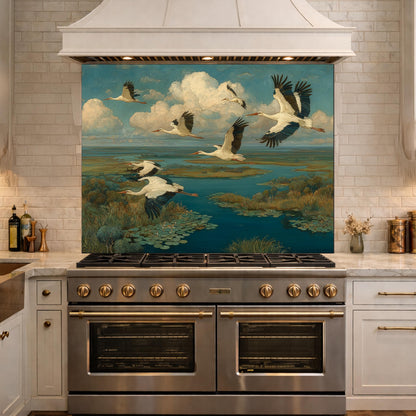 Flying Storks over Wetlands Tempered Glass Backsplash, Wildlife Nature Wall Panel, Stove Guard