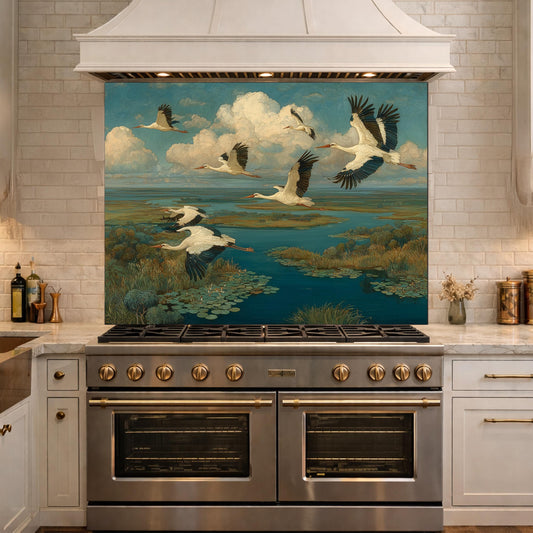 Flying Storks over Wetlands Tempered Glass Backsplash, Wildlife Nature Wall Panel, Stove Guard