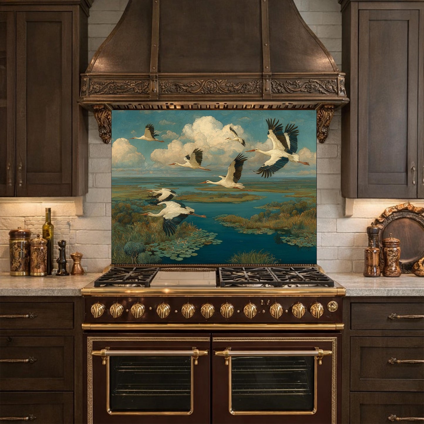 Flying Storks over Wetlands Tempered Glass Backsplash, Wildlife Nature Wall Panel, Stove Guard