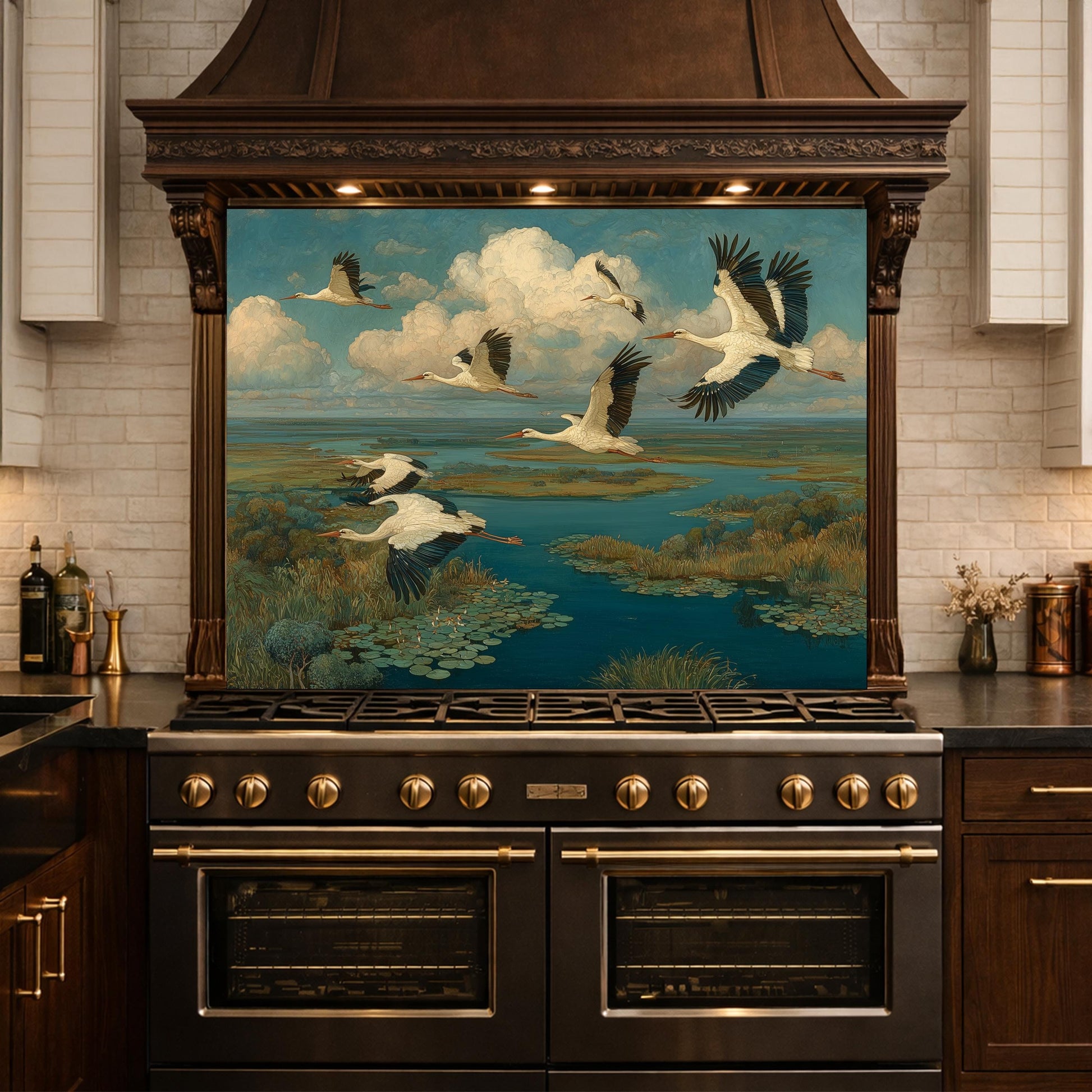 Flying Storks over Wetlands Tempered Glass Backsplash, Wildlife Nature Wall Panel, Stove Guard