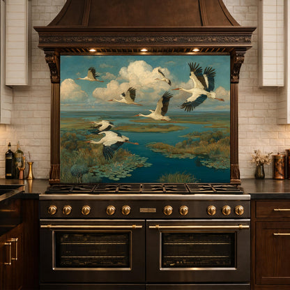 Flying Storks over Wetlands Tempered Glass Backsplash, Wildlife Nature Wall Panel, Stove Guard