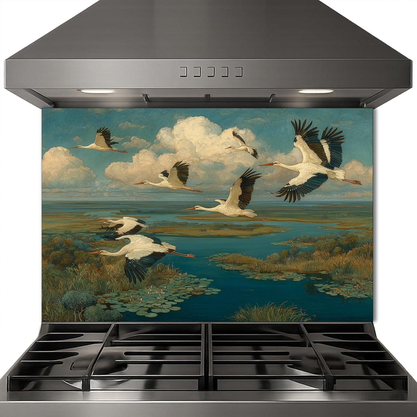 Flying Storks over Wetlands Tempered Glass Backsplash, Wildlife Nature Wall Panel, Stove Guard