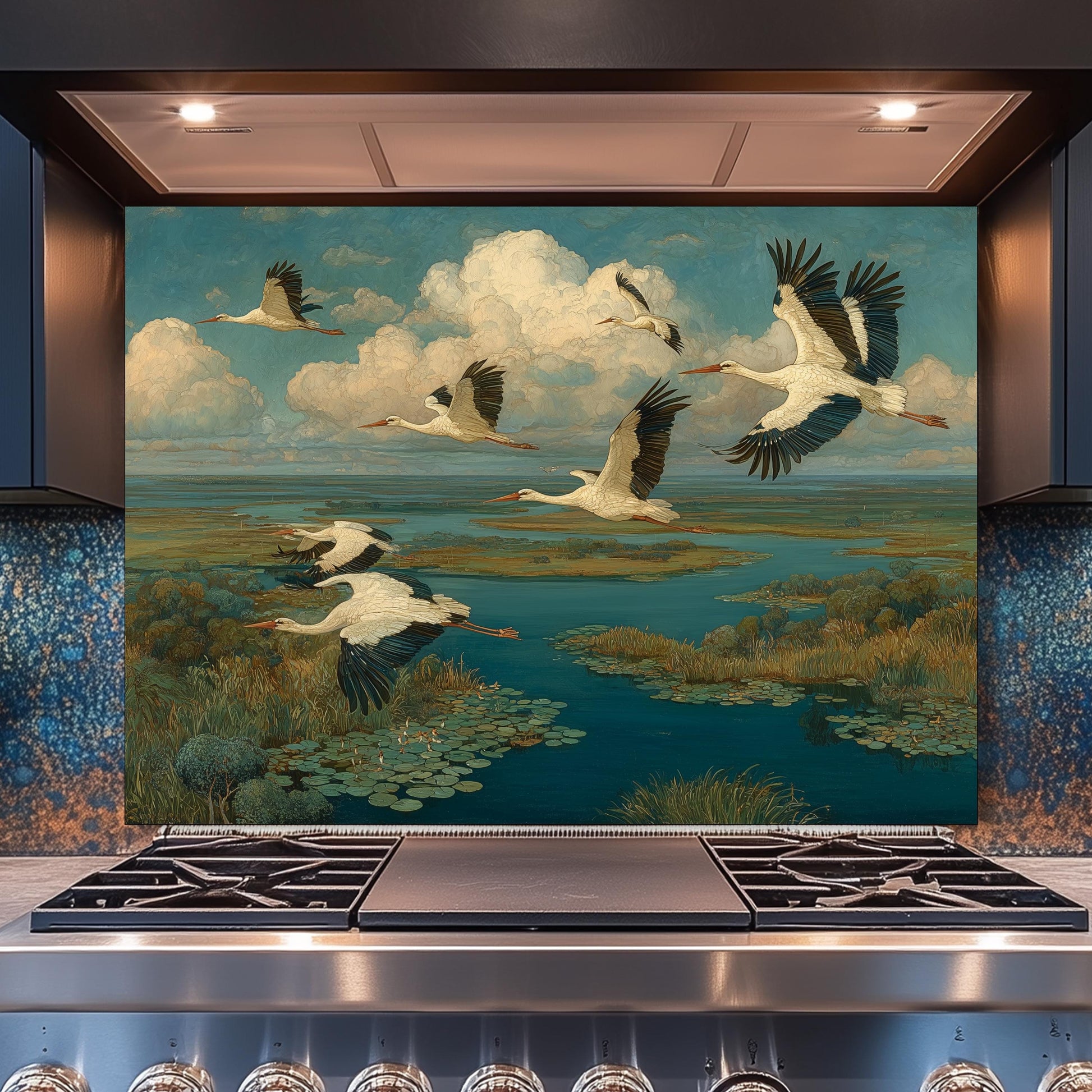 Flying Storks over Wetlands Tempered Glass Backsplash, Wildlife Nature Wall Panel, Stove Guard