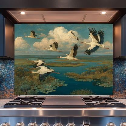 Flying Storks over Wetlands Tempered Glass Backsplash, Wildlife Nature Wall Panel, Stove Guard