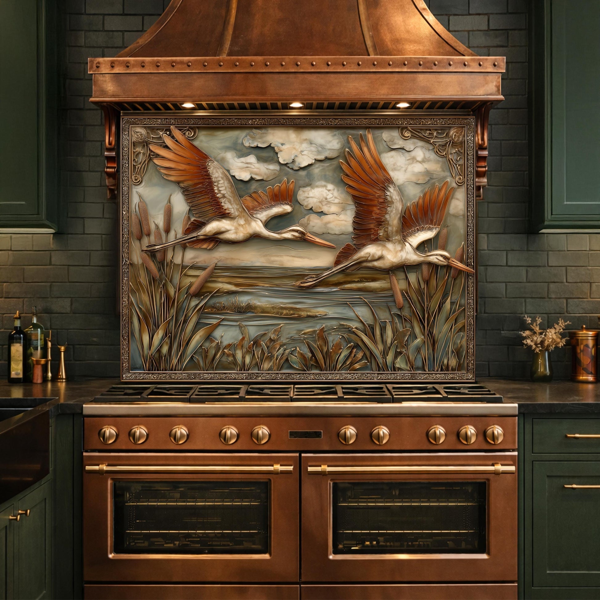 Copper Relief Storks Flight Tempered Glass Backsplash, Wildlife Wetland Wall Panel, Stove Guard