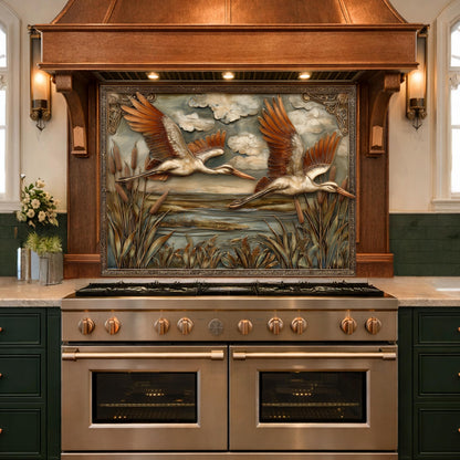 Copper Relief Storks Flight Tempered Glass Backsplash, Wildlife Wetland Wall Panel, Stove Guard