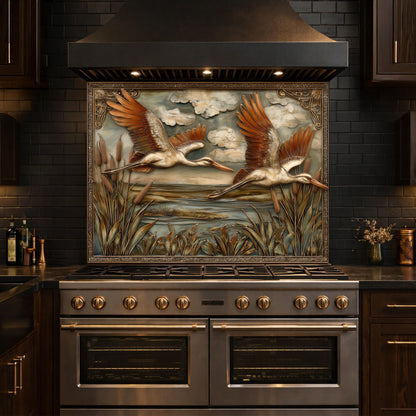 Copper Relief Storks Flight Tempered Glass Backsplash, Wildlife Wetland Wall Panel, Stove Guard