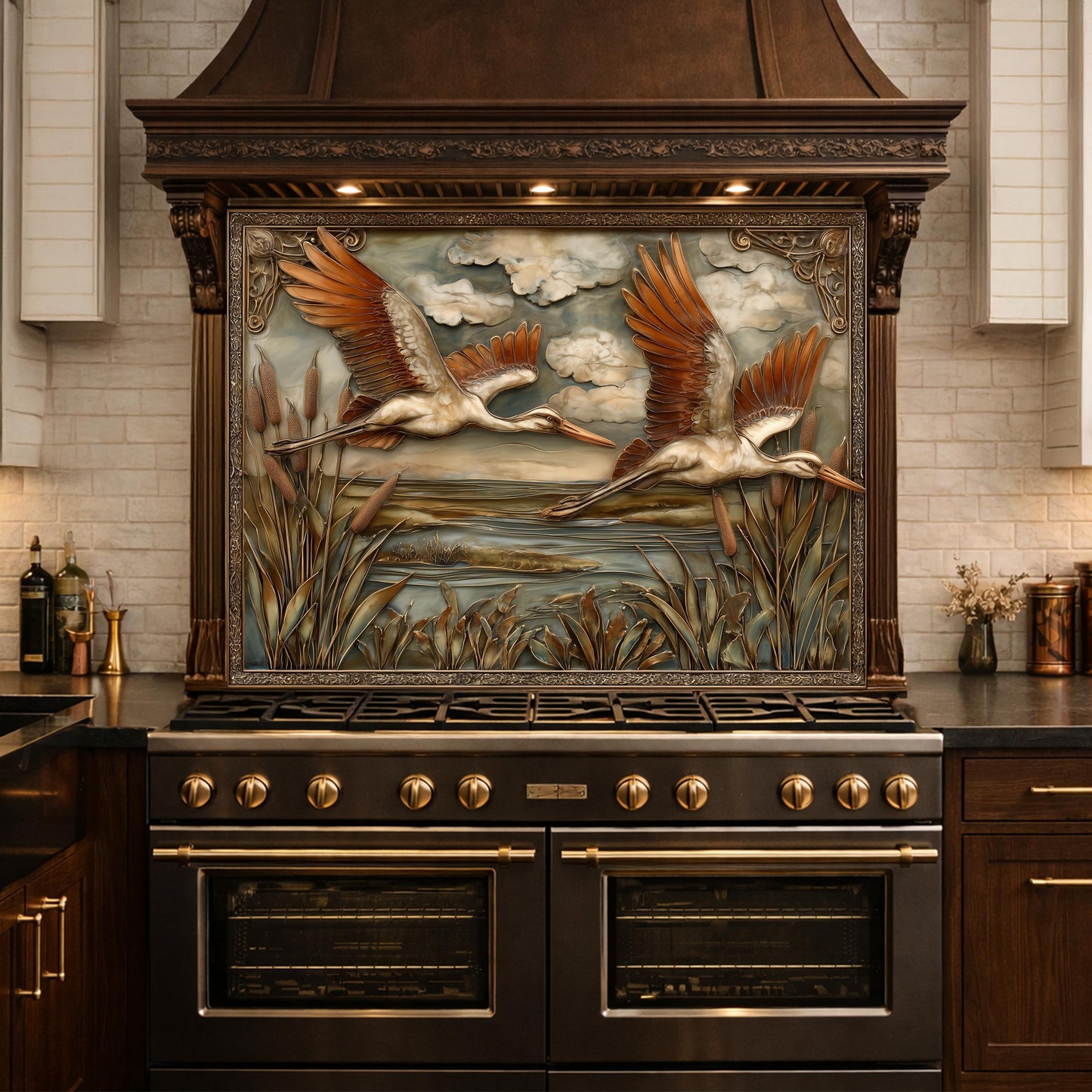 Copper Relief Storks Flight Tempered Glass Backsplash, Wildlife Wetland Wall Panel, Stove Guard