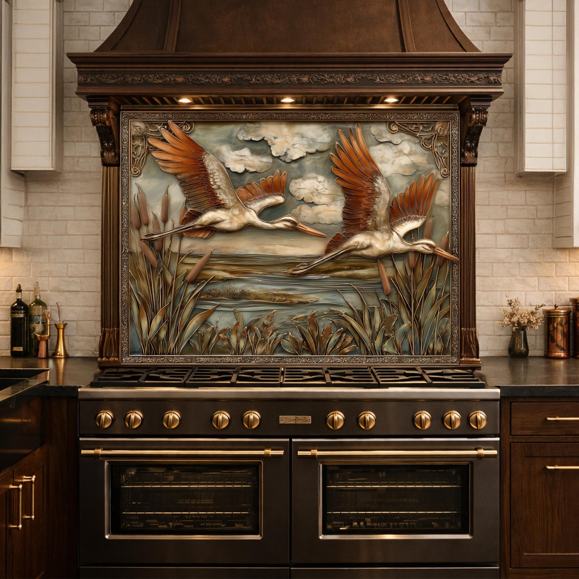 Copper Relief Storks Flight Tempered Glass Backsplash, Wildlife Wetland Wall Panel, Stove Guard