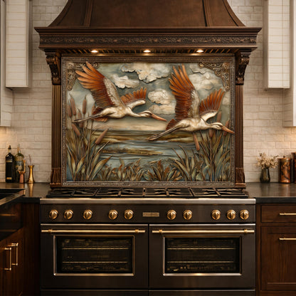 Copper Relief Storks Flight Tempered Glass Backsplash, Wildlife Wetland Wall Panel, Stove Guard