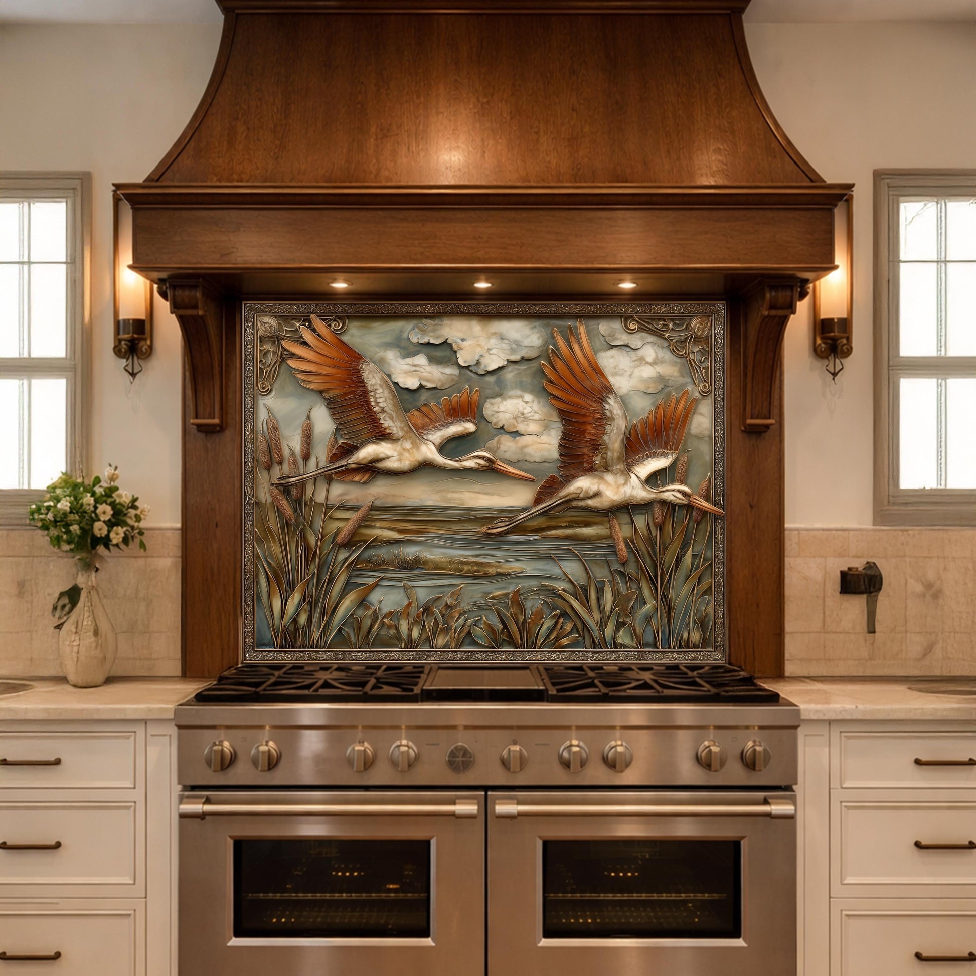 Copper Relief Storks Flight Tempered Glass Backsplash, Wildlife Wetland Wall Panel, Stove Guard