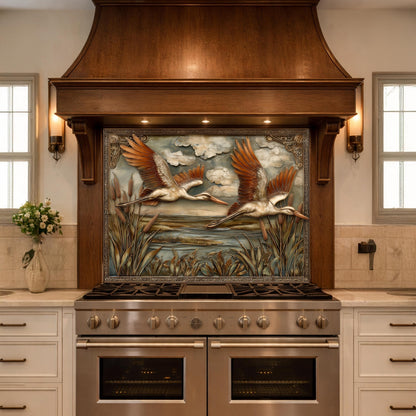 Copper Relief Storks Flight Tempered Glass Backsplash, Wildlife Wetland Wall Panel, Stove Guard