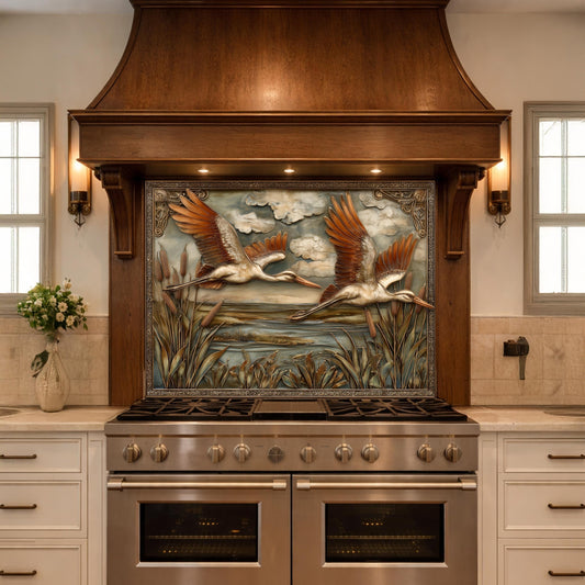 Copper Relief Storks Flight Tempered Glass Backsplash, Wildlife Wetland Wall Panel, Stove Guard