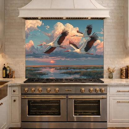Graceful Storks over Golden Marsh Tempered Glass Backsplash, Wildlife Sunset Wall Panel, Stove Guard