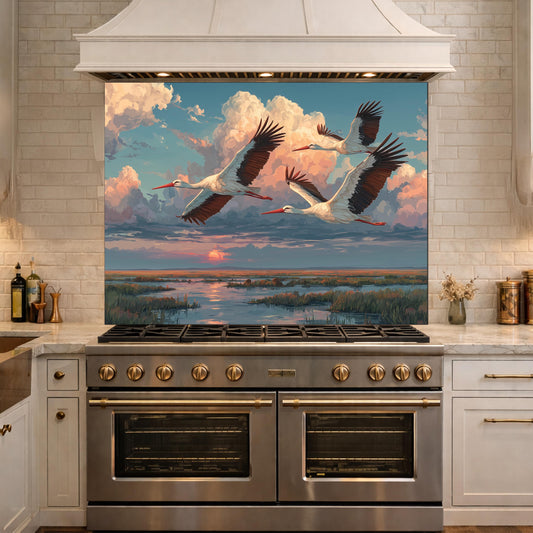Graceful Storks over Golden Marsh Tempered Glass Backsplash, Wildlife Sunset Wall Panel, Stove Guard