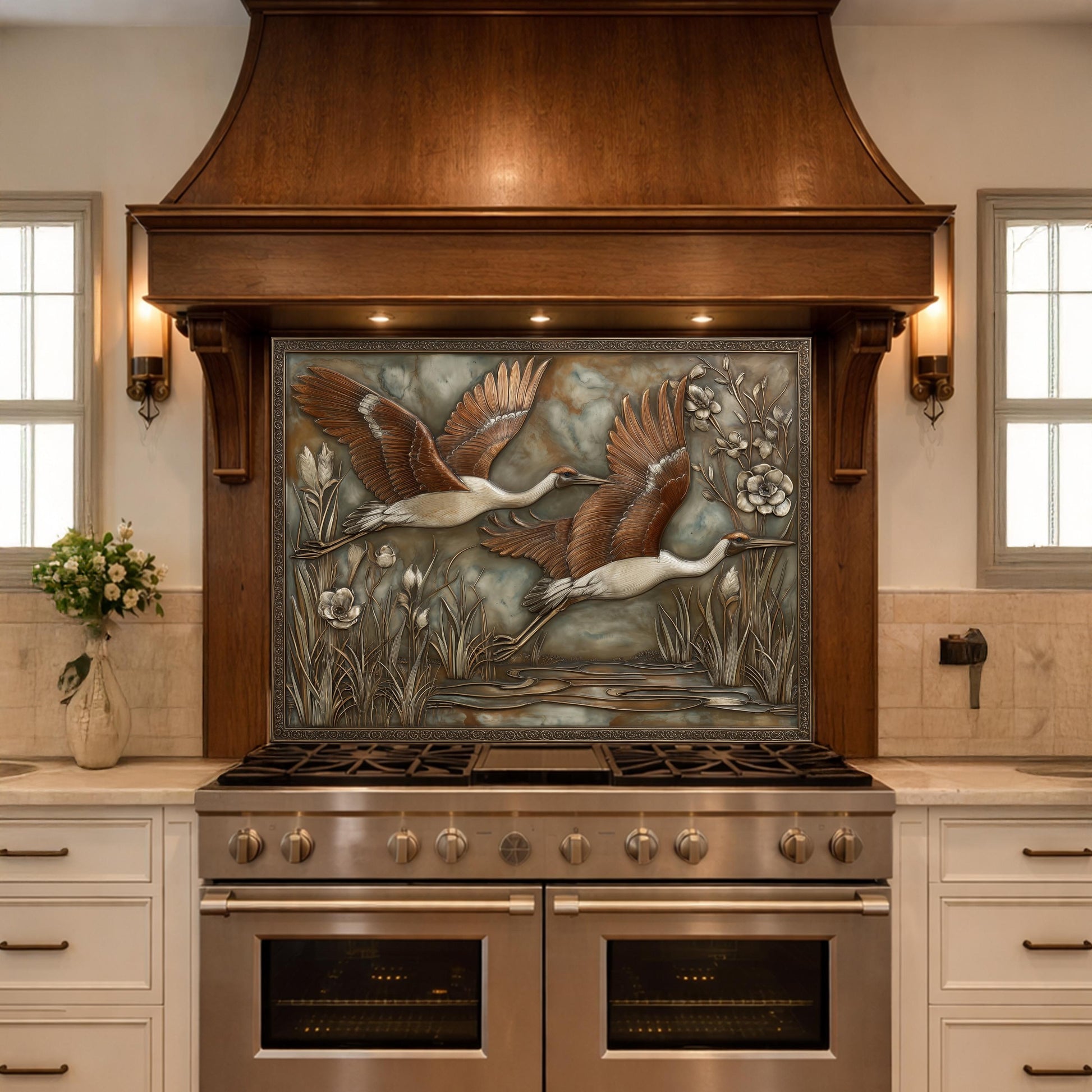 Copper Relief Cranes over Wetland Tempered Glass Backsplash, Wildlife Botanical Wall Panel, Stove Guard
