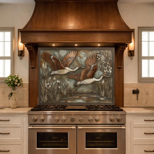 Copper Relief Cranes over Wetland Tempered Glass Backsplash, Wildlife Botanical Wall Panel, Stove Guard