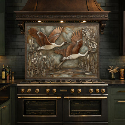 Copper Relief Cranes over Wetland Tempered Glass Backsplash, Wildlife Botanical Wall Panel, Stove Guard
