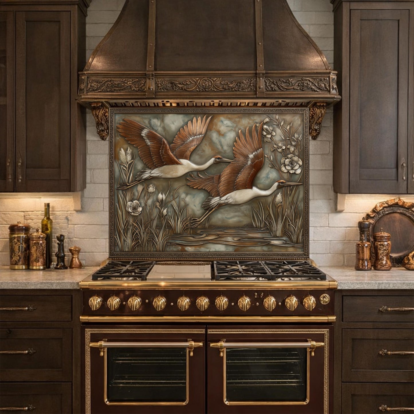 Copper Relief Cranes over Wetland Tempered Glass Backsplash, Wildlife Botanical Wall Panel, Stove Guard