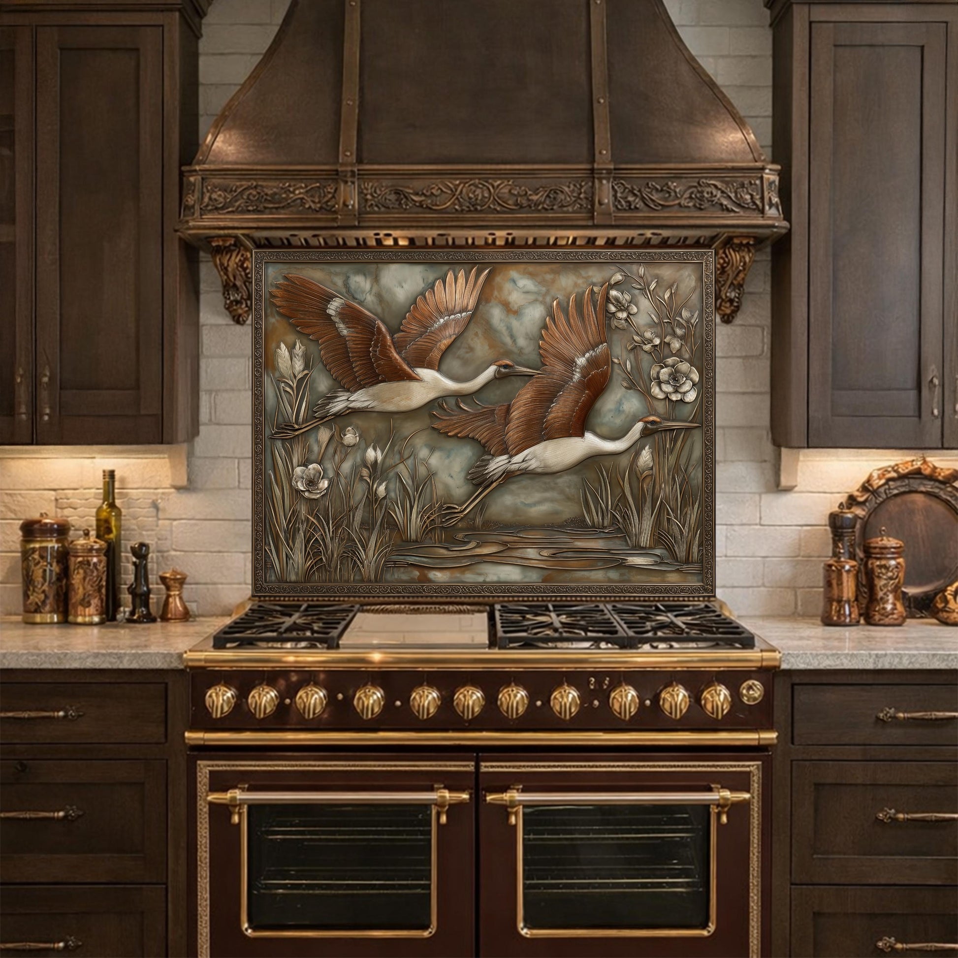 Copper Relief Cranes over Wetland Tempered Glass Backsplash, Wildlife Botanical Wall Panel, Stove Guard